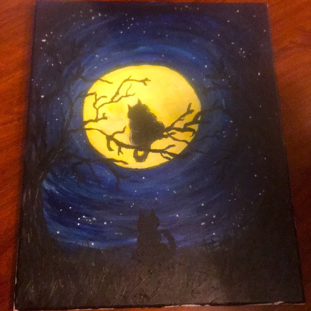 Original Painting-Full Moon w Cats